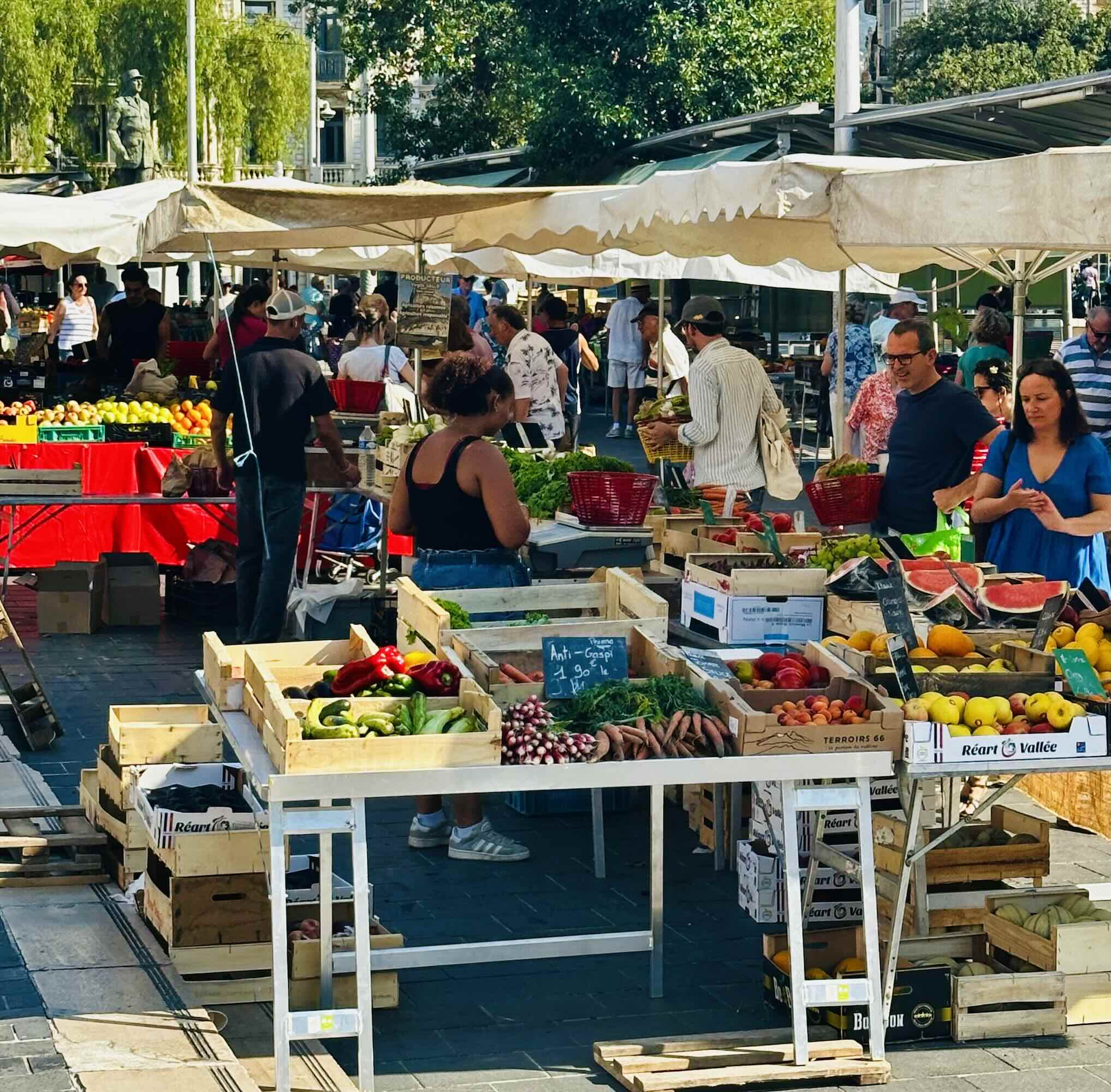 Busy market scene showcasing vibrant fruits and vegetables at Nice's Marché de la Libération under sunny skies.