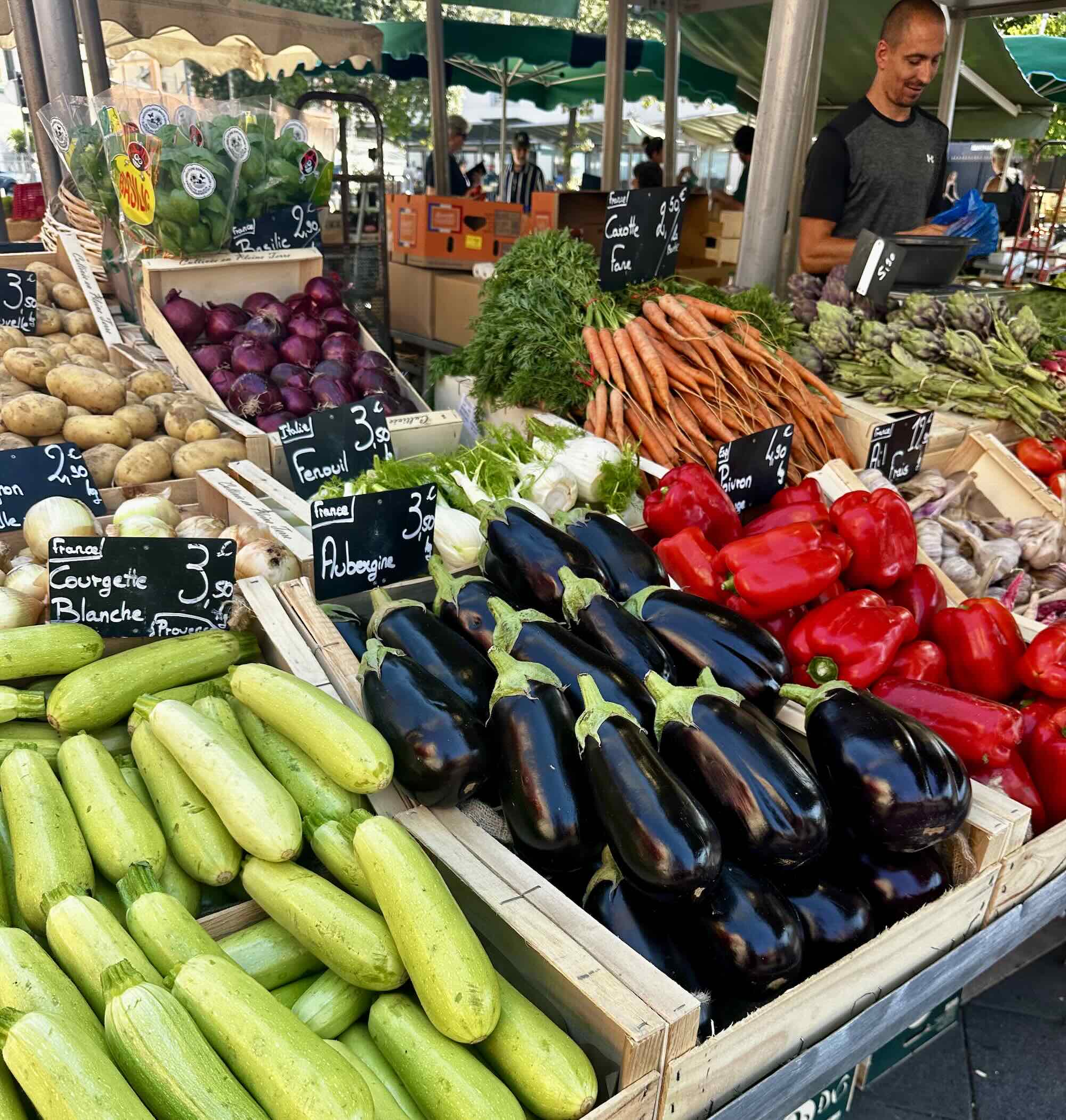 Colorful display of fresh vegetables at a market stall in Nice, showcasing eggplants, peppers, and carrots.