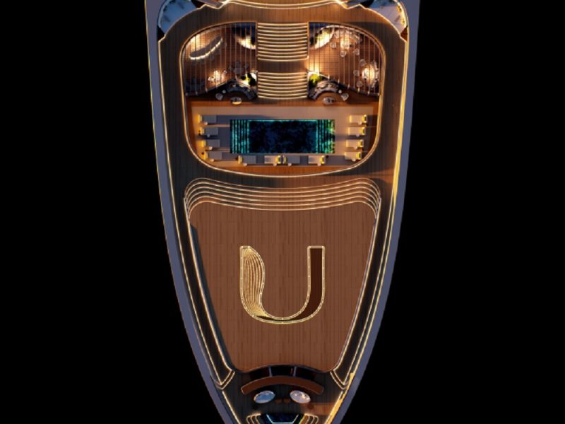 Top-down view of a luxurious yacht deck featuring elegant furniture and a central pool area.