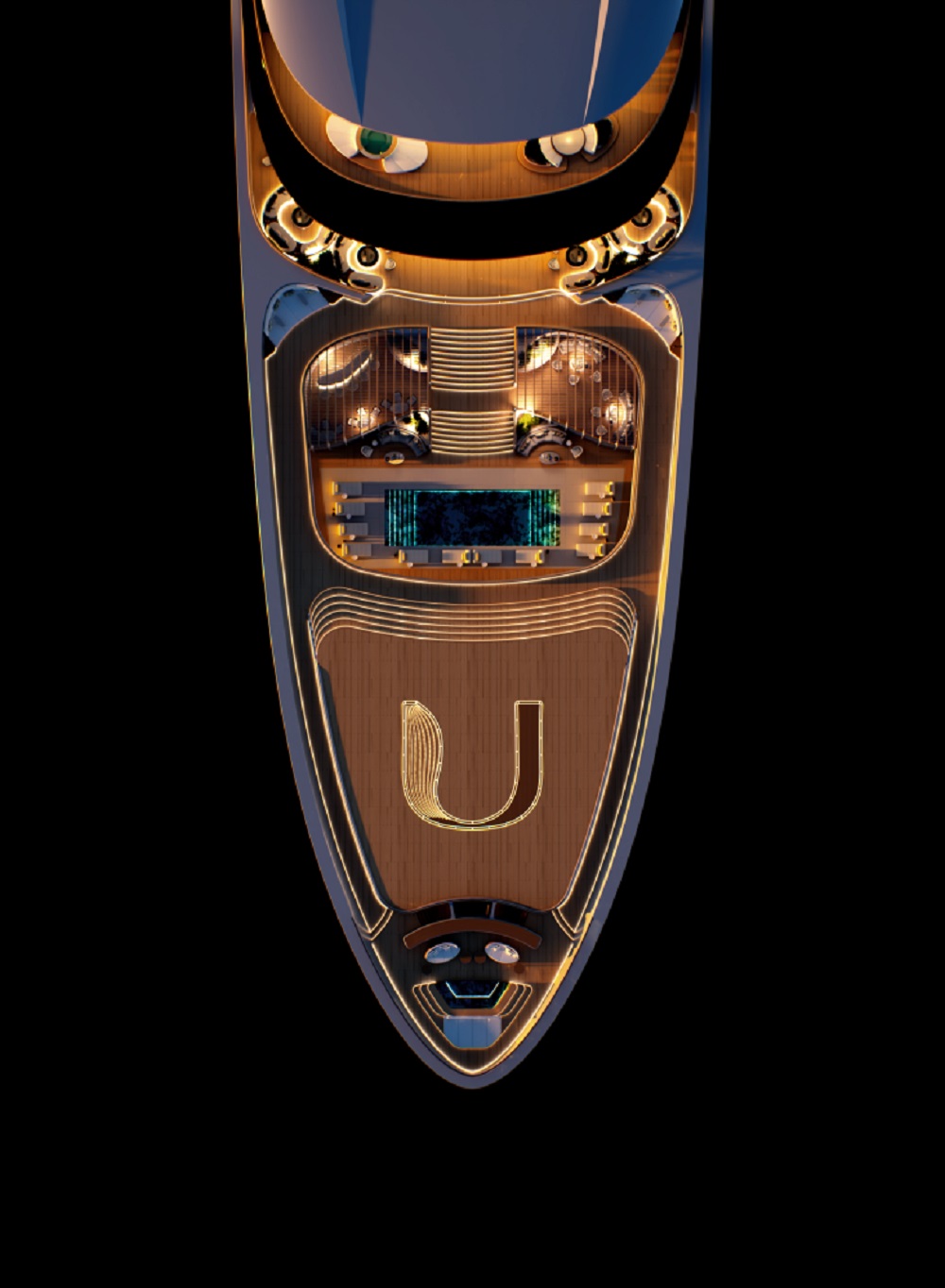 Top-down view of a luxurious yacht deck featuring elegant furniture and a central pool area.