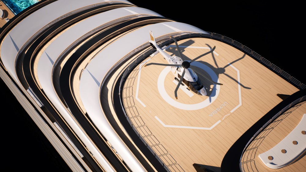 Helicopter landing on the deck of a luxury yacht labeled "Ulyssia," showcasing an opulent lifestyle.