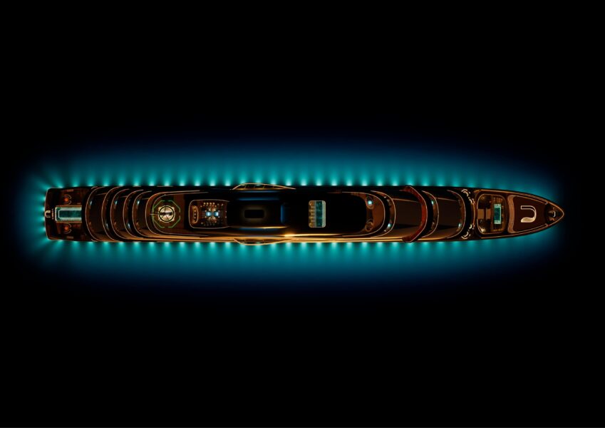 Sleek luxury yacht illuminated in blue light, showcasing its elegant design and modern features against a dark background.
