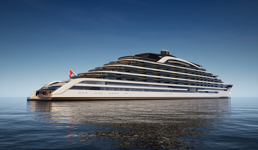 A luxury cruise ship with a modern design is anchored in calm waters under a clear blue sky.