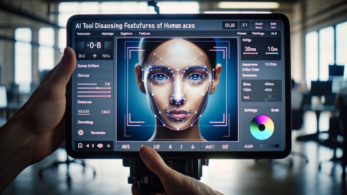 Hand holding a tablet displaying an AI tool for analyzing facial features, with a focus on beauty editing settings.