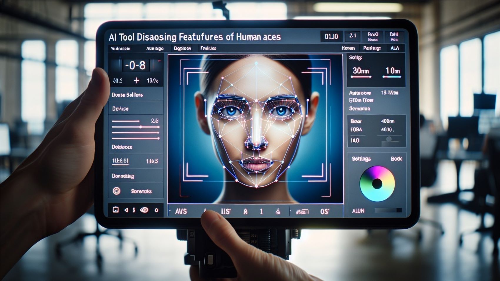 Hand holding a tablet displaying an AI tool for analyzing facial features, with a focus on beauty editing settings.