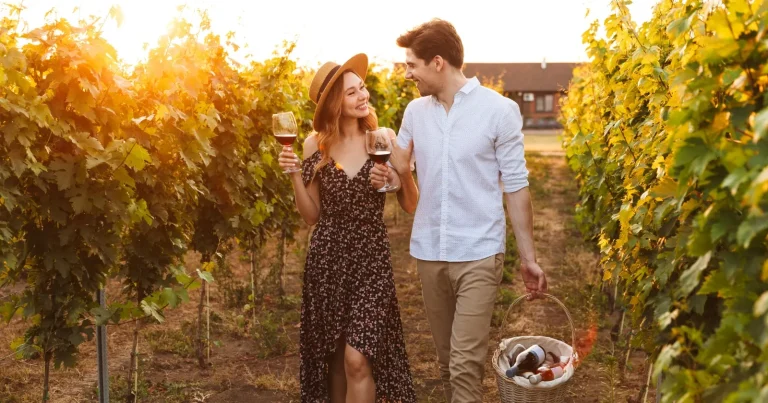 Couple enjoying wine in a vineyard during sunset, holding glasses and walking together, with a basket of wine bottles nearby.