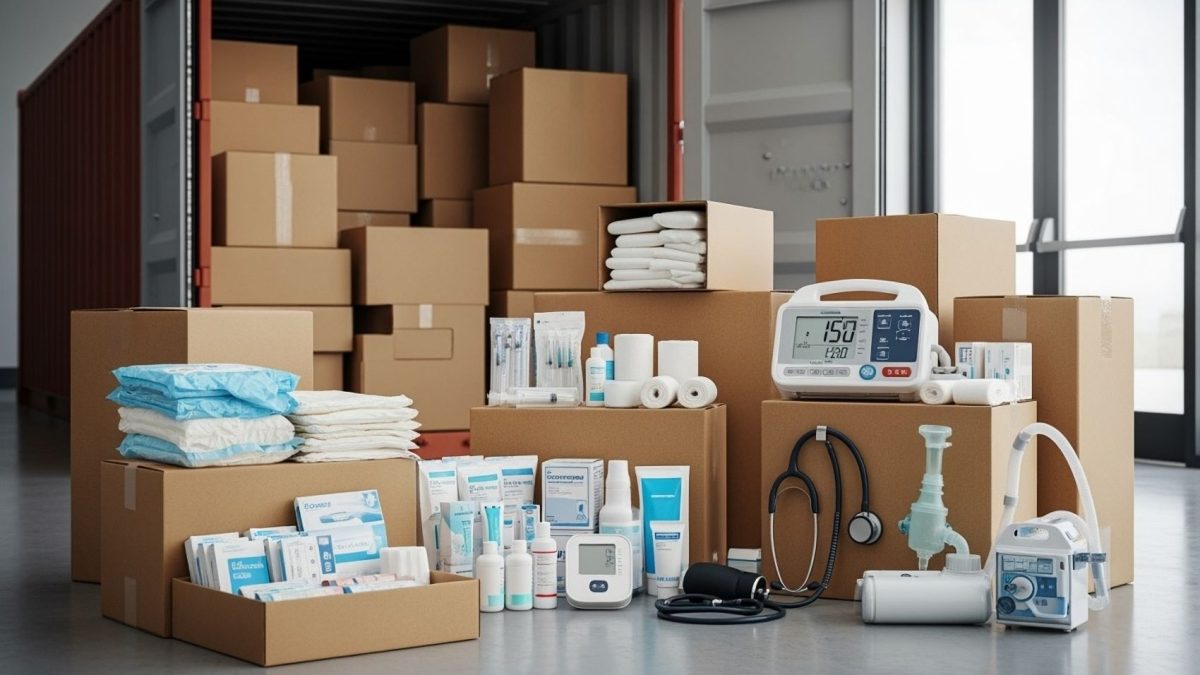 Laboratory and medical supplies are organized in a facility with boxes and equipment for logistical compliance in moving.