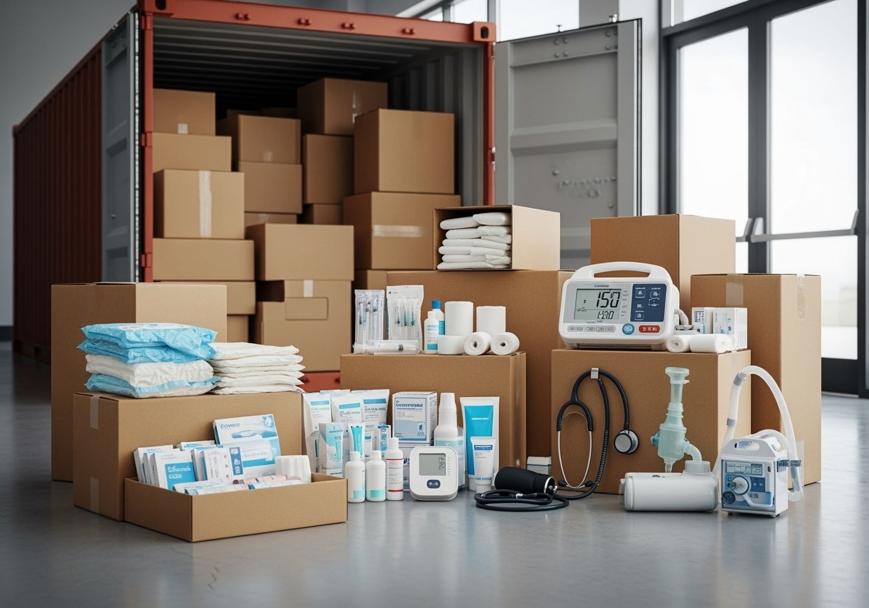 Laboratory and medical supplies are organized in a facility with boxes and equipment for logistical compliance in moving.
