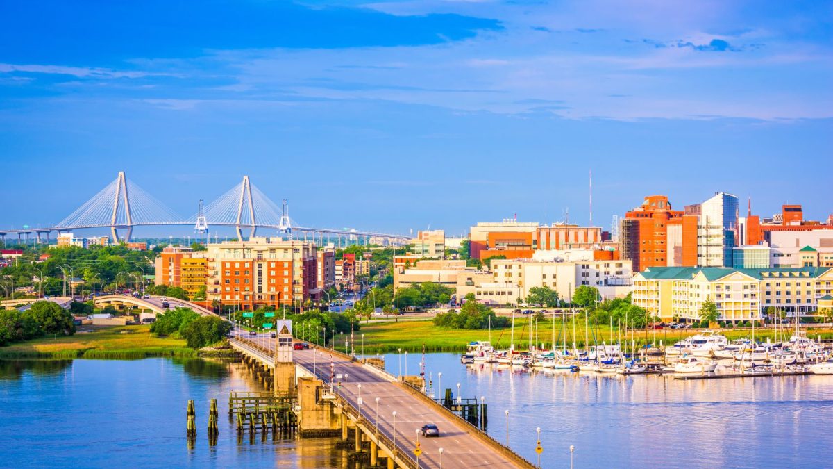 Charleston's skyline featuring a bridge, waterfront, and buildings with blue sky and water reflecting the vibrant scenery.