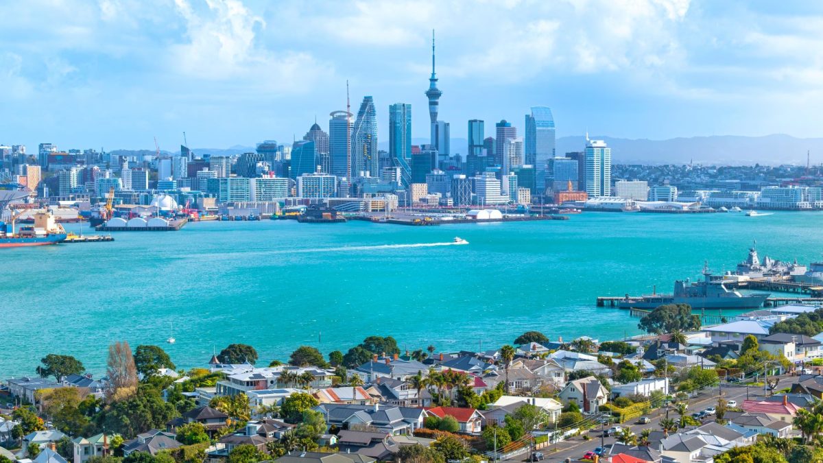 A panoramic view of Auckland's skyline, featuring the Sky Tower and vibrant waters, with houses in the foreground.