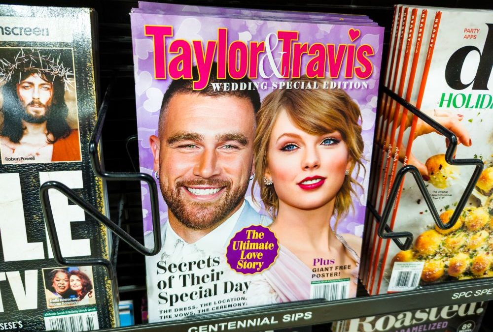 Magazine cover featuring Taylor Swift and Travis Kelce with headlines about their wedding and special love story edition.
