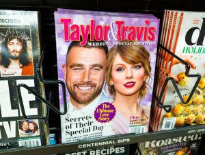 Magazine cover featuring Taylor Swift and Travis Kelce with headlines about their wedding and special love story edition.