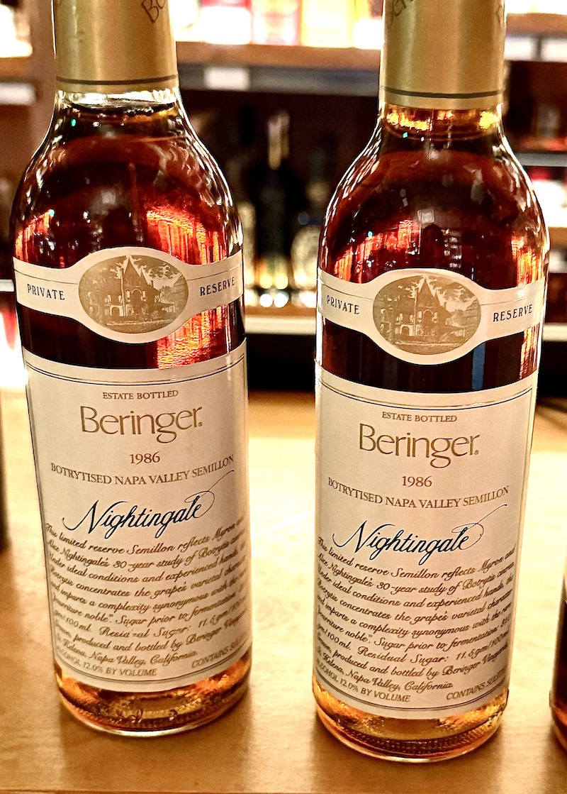 Beringer 1986 Nightingale, a botrytised Napa Valley Semillon wine, showcased at Wally's Wine & Spirits in Beverly Hills.