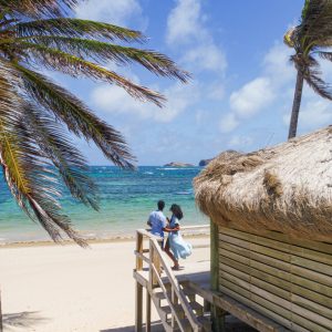 Couple enjoying a romantic moment near a beach cabana, surrounded by palm trees and ocean waves.