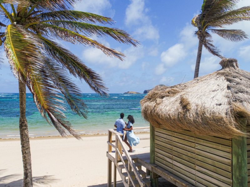 Couple enjoying a romantic moment near a beach cabana, surrounded by palm trees and ocean waves.