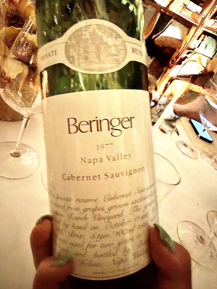 1977 Beringer Cabernet Sauvignon bottle from Napa Valley showcased at Wally's Wine & Spirits in Beverly Hills.