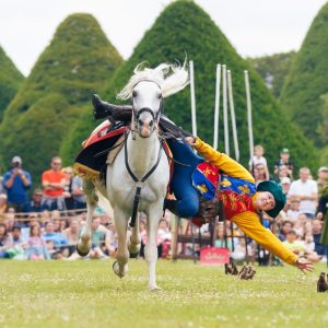 A performer in colorful costume falls from a galloping horse during a live show in front of a large audience at Hampton Court Palace.