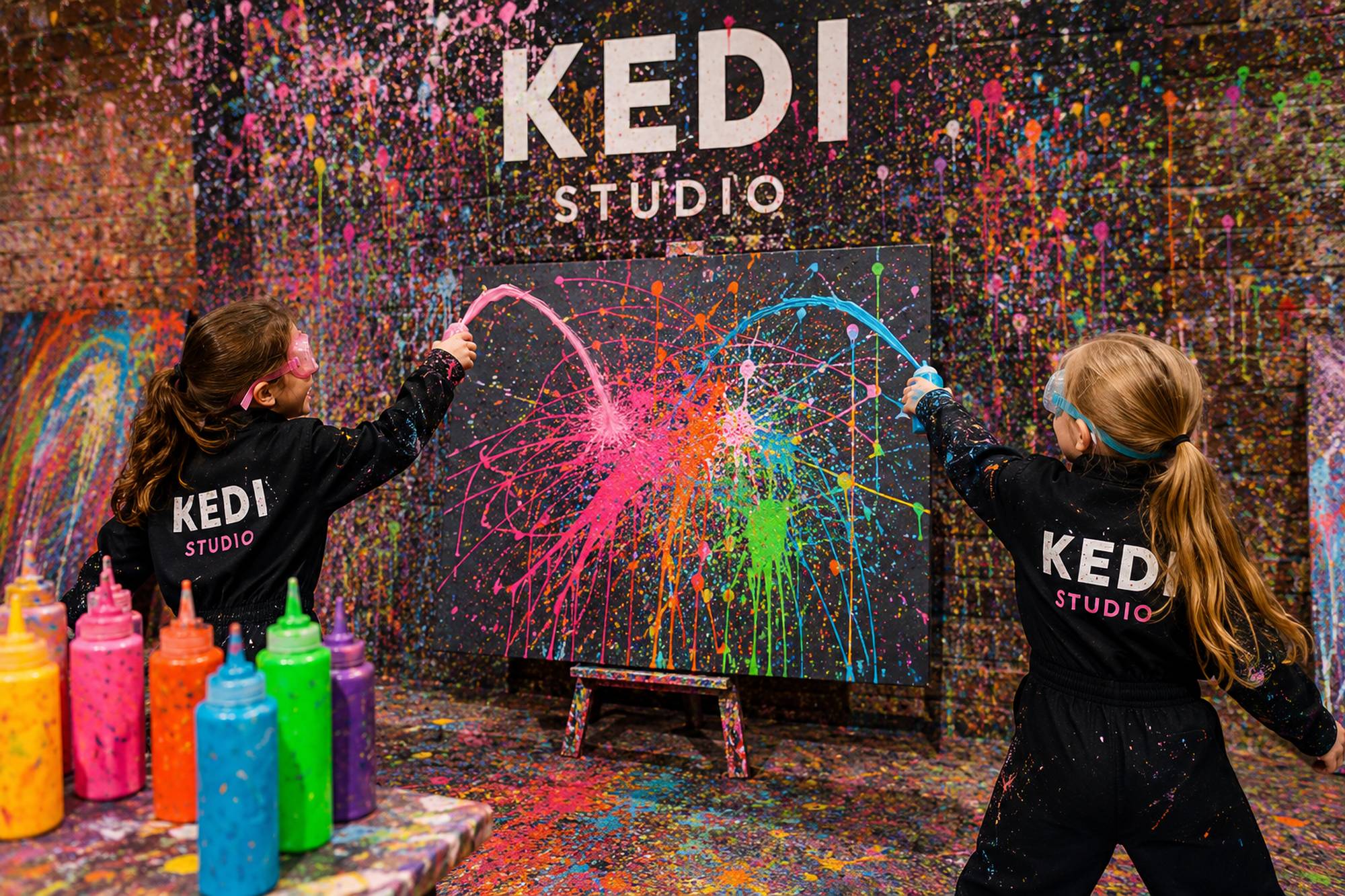 Children create vibrant splatter art at KEDI Studio, surrounded by colorful paint bottles and a wall of splattered paint.
