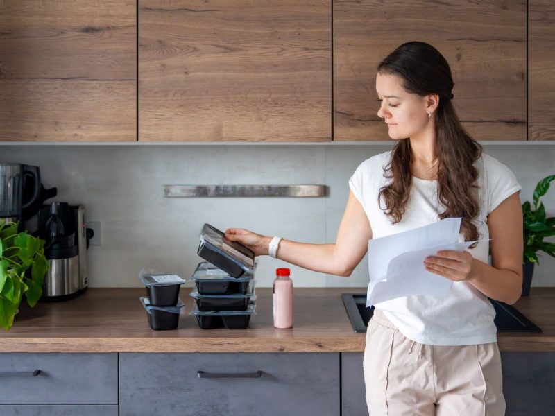 A woman checks meal prep containers and holds a document in a modern kitchen with plants and kitchen appliances.