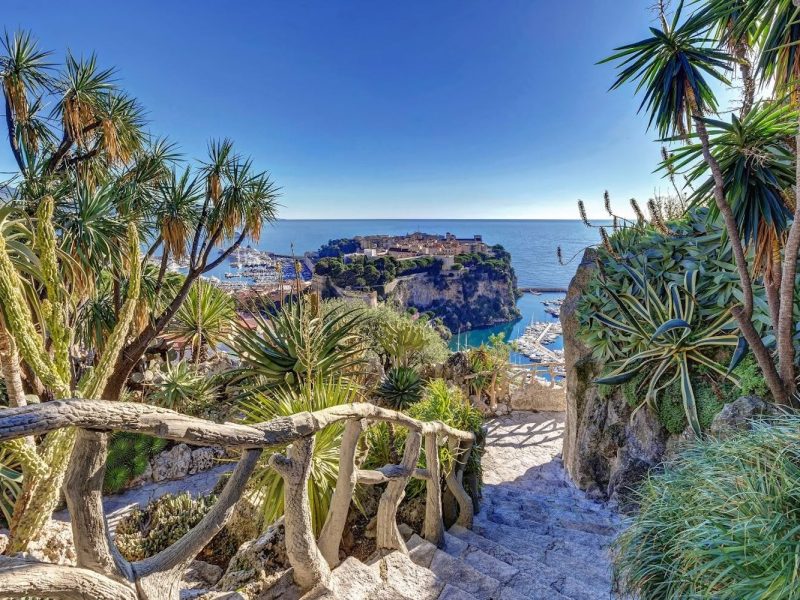 Lush greenery surrounds a stone staircase leading down to the Mediterranean coast with a view of a coastal town.