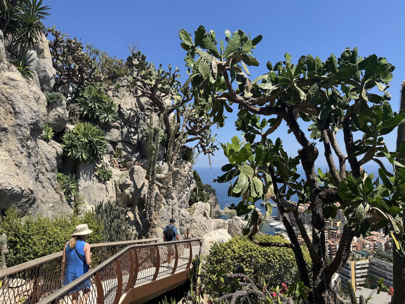 Visitors explore the winding paths of Monaco's Jardin Exotique, surrounded by lush greenery and stunning Mediterranean views.