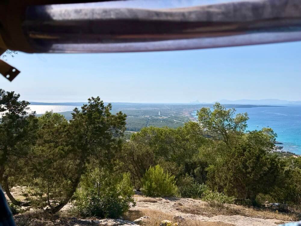 View from a hilltop overlooking the coastline and blue waters of Formentera, framed by trees and a clear sky.