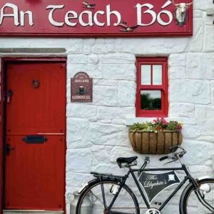 Exterior view of An Teach Bó guesthouse featuring a red door, historic artefacts, and decorative flower basket.