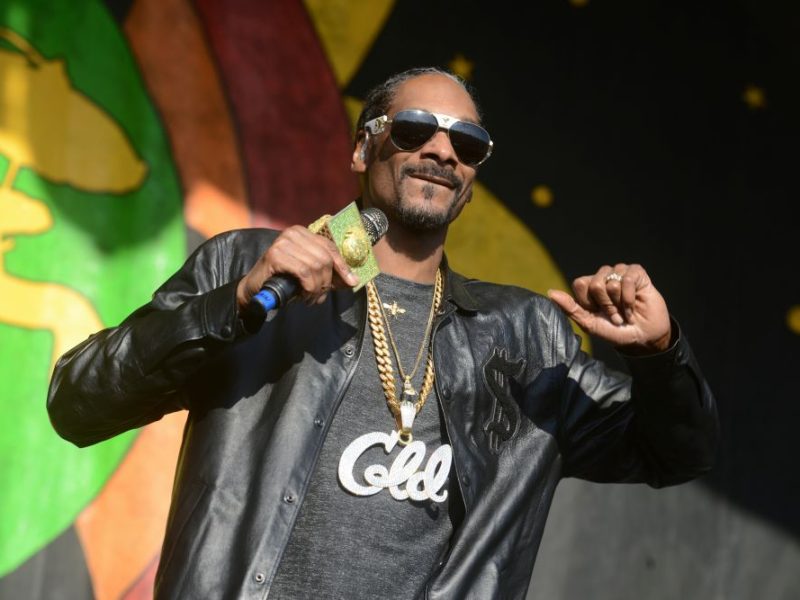 Snoop Dogg performing on stage, wearing sunglasses and a black jacket, with vibrant background elements.