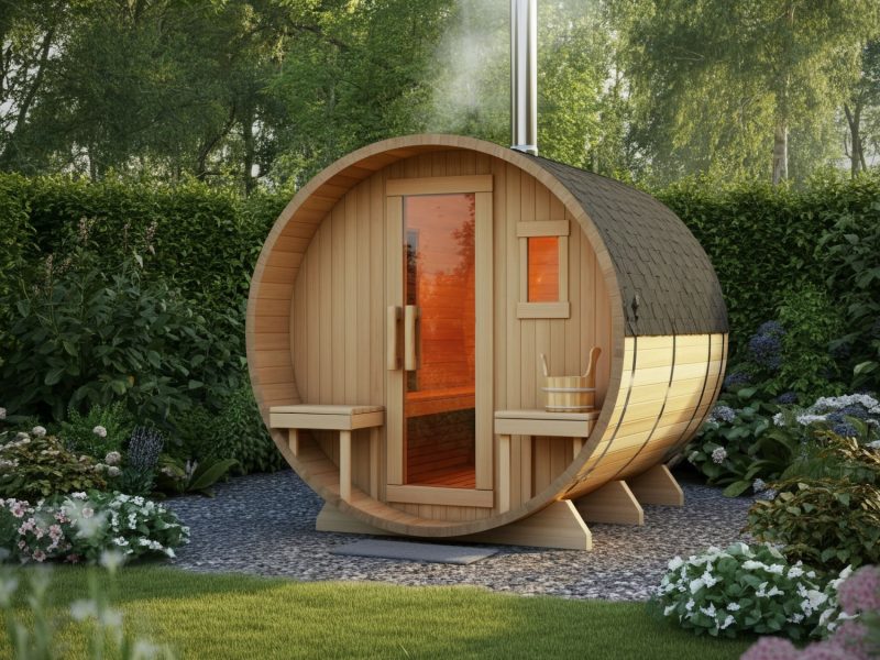 A wooden barrel sauna surrounded by greenery and flowers, with steam rising from the chimney on a tranquil outdoor setting.