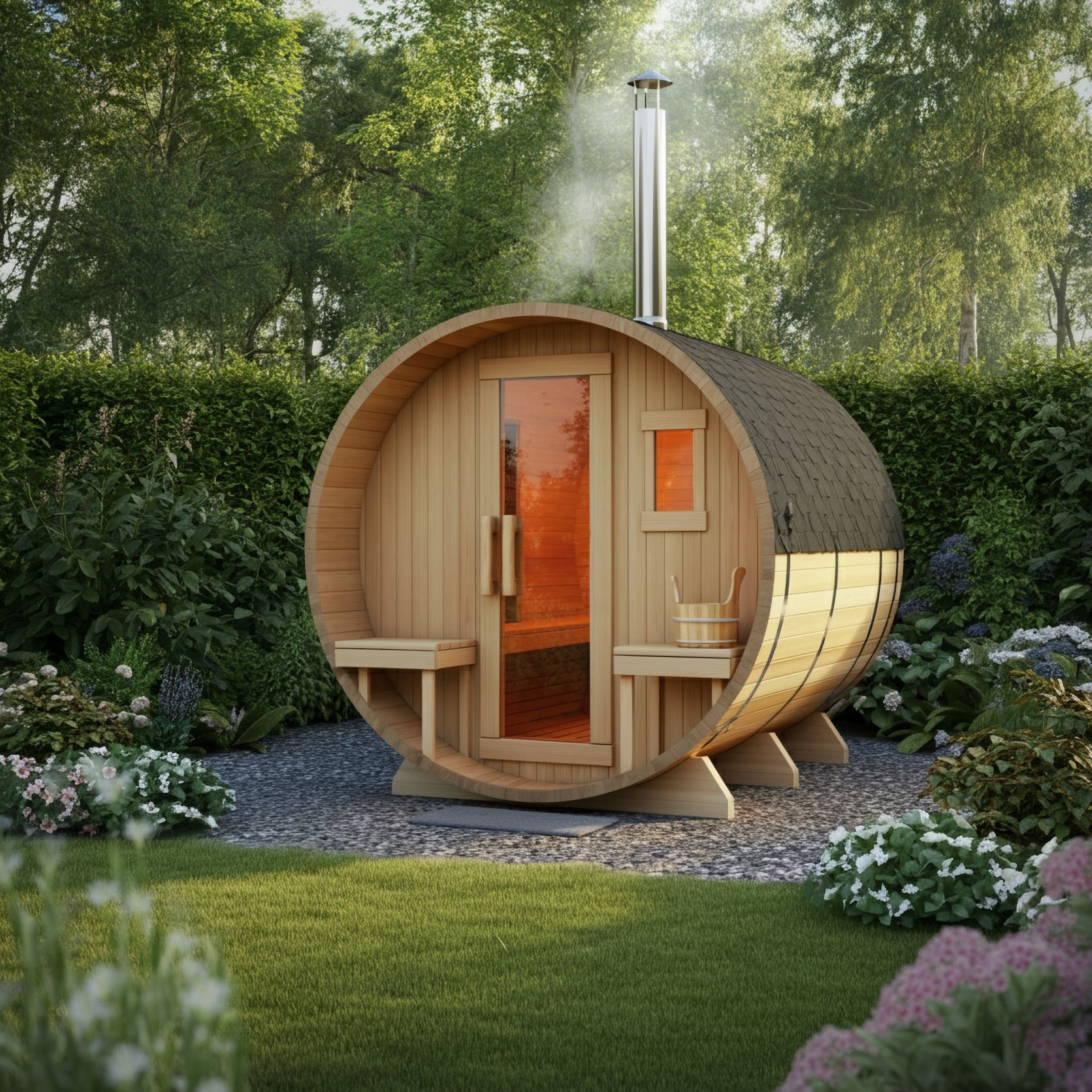 A wooden barrel sauna surrounded by greenery and flowers, with steam rising from the chimney on a tranquil outdoor setting.