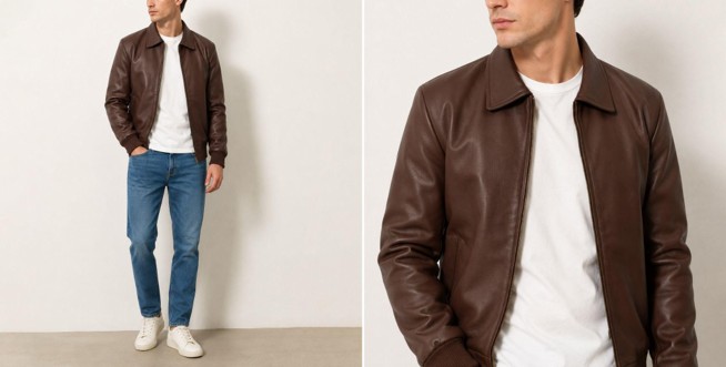 Men's Brown Leather Bomber Jacket Never Clocks Out