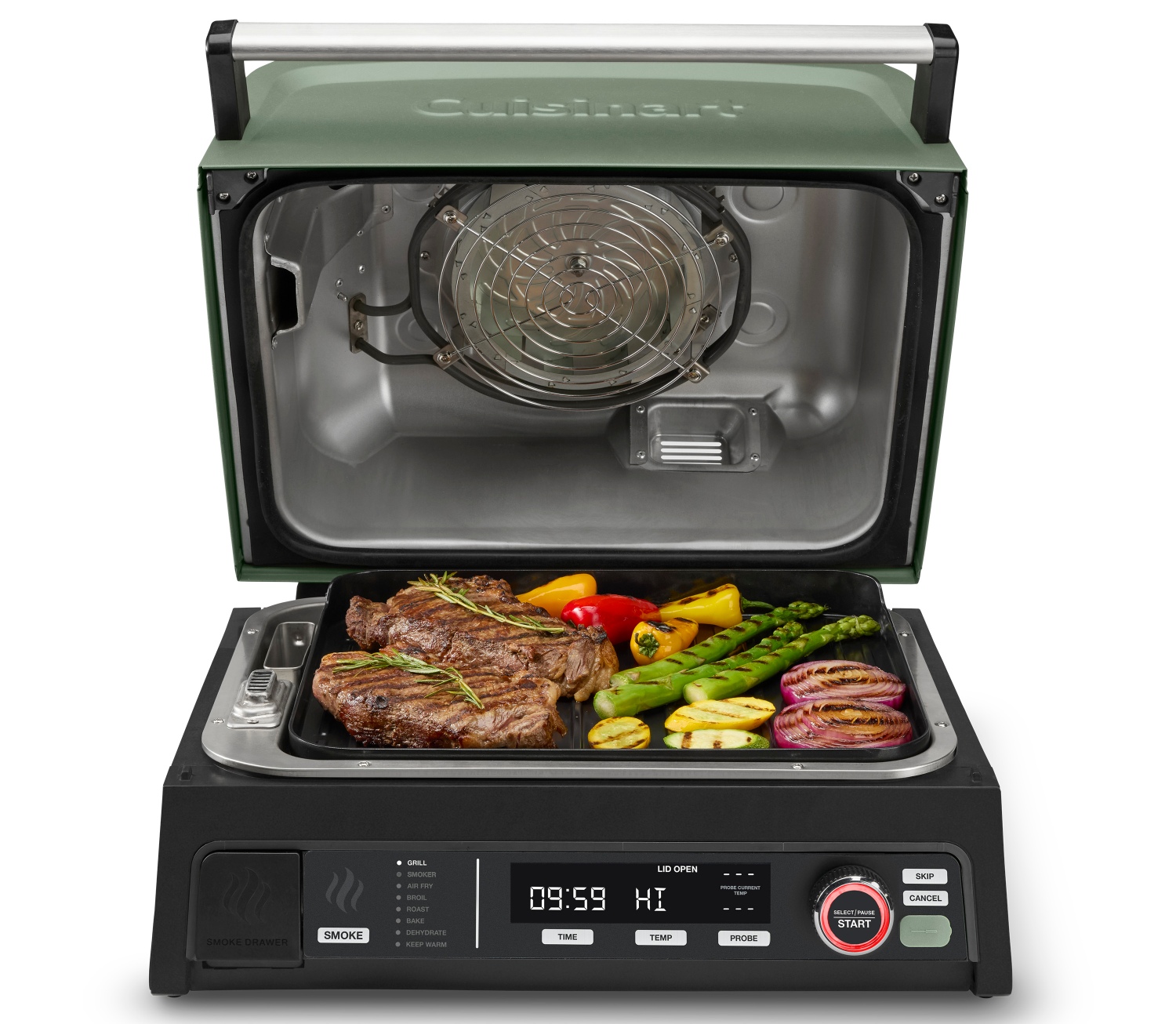 Cuisinart multi-cooker with open lid displaying grilled steak and vegetables, featuring a digital control panel at the front.