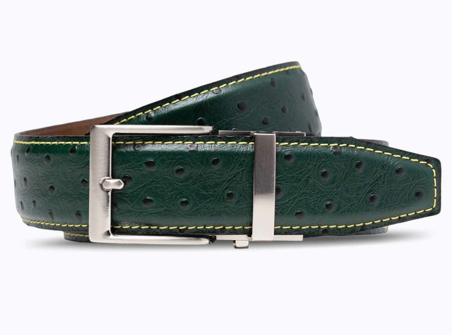 Green leather belt with perforated design and yellow stitching, featuring a silver metal buckle for closure.