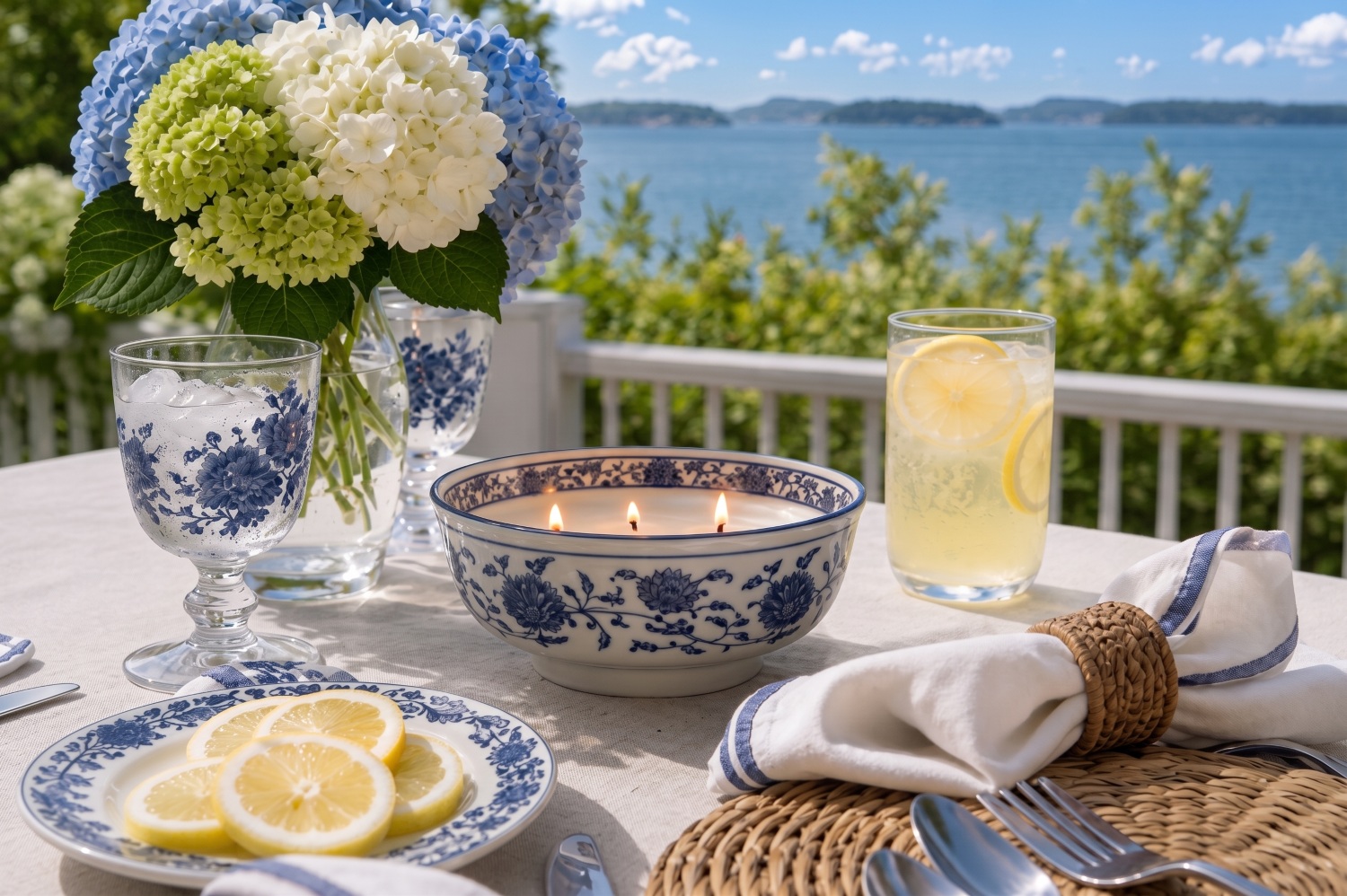 Elegant outdoor table setting with hydrangeas, a lit candle, refreshing drinks, and lemon slices, overlooking a scenic view.