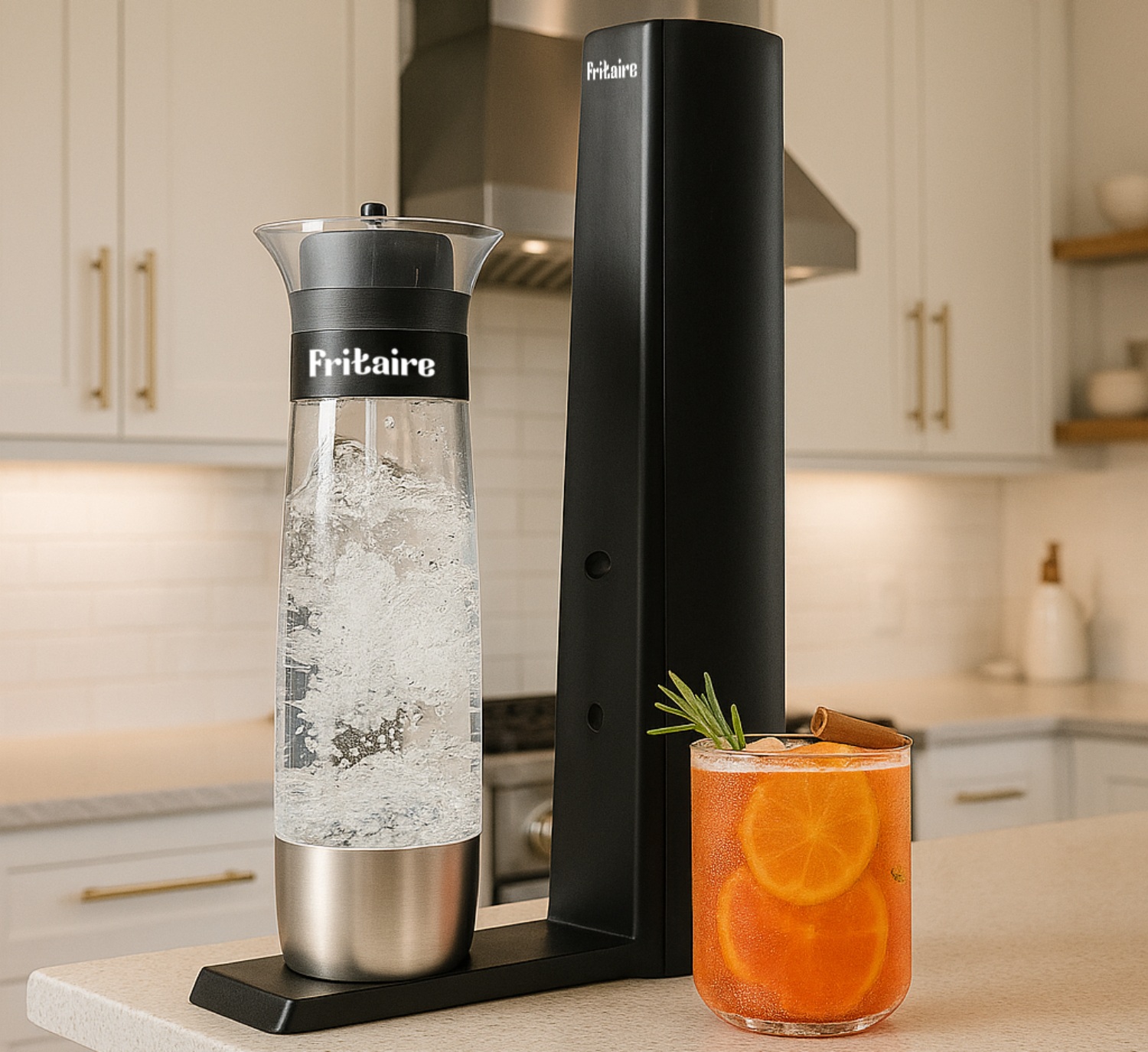 Fritaire soda maker next to a refreshing drink garnished with orange slices and rosemary on a kitchen countertop.