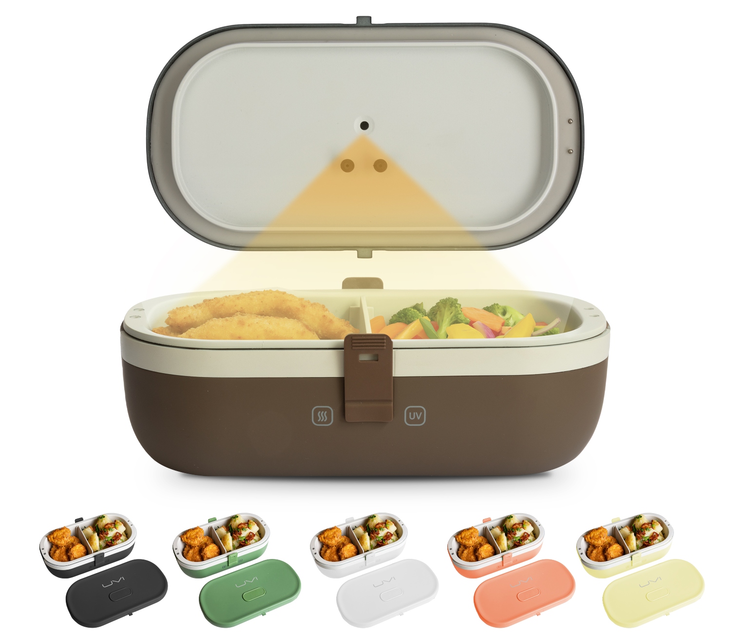 Elevated lunchbox with compartments for food, featuring an open lid and various color options displayed.