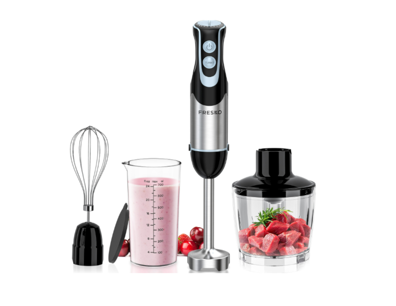 Handheld blender set with whisk attachment, measuring cup, and chopping bowl, ideal for smoothies and meal prep.