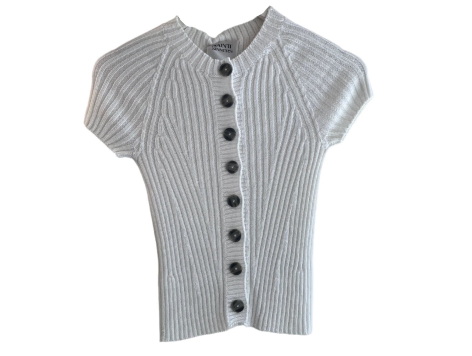 Short-sleeve ribbed cardigan in a light color with black buttons, perfect for a stylish and comfortable look.