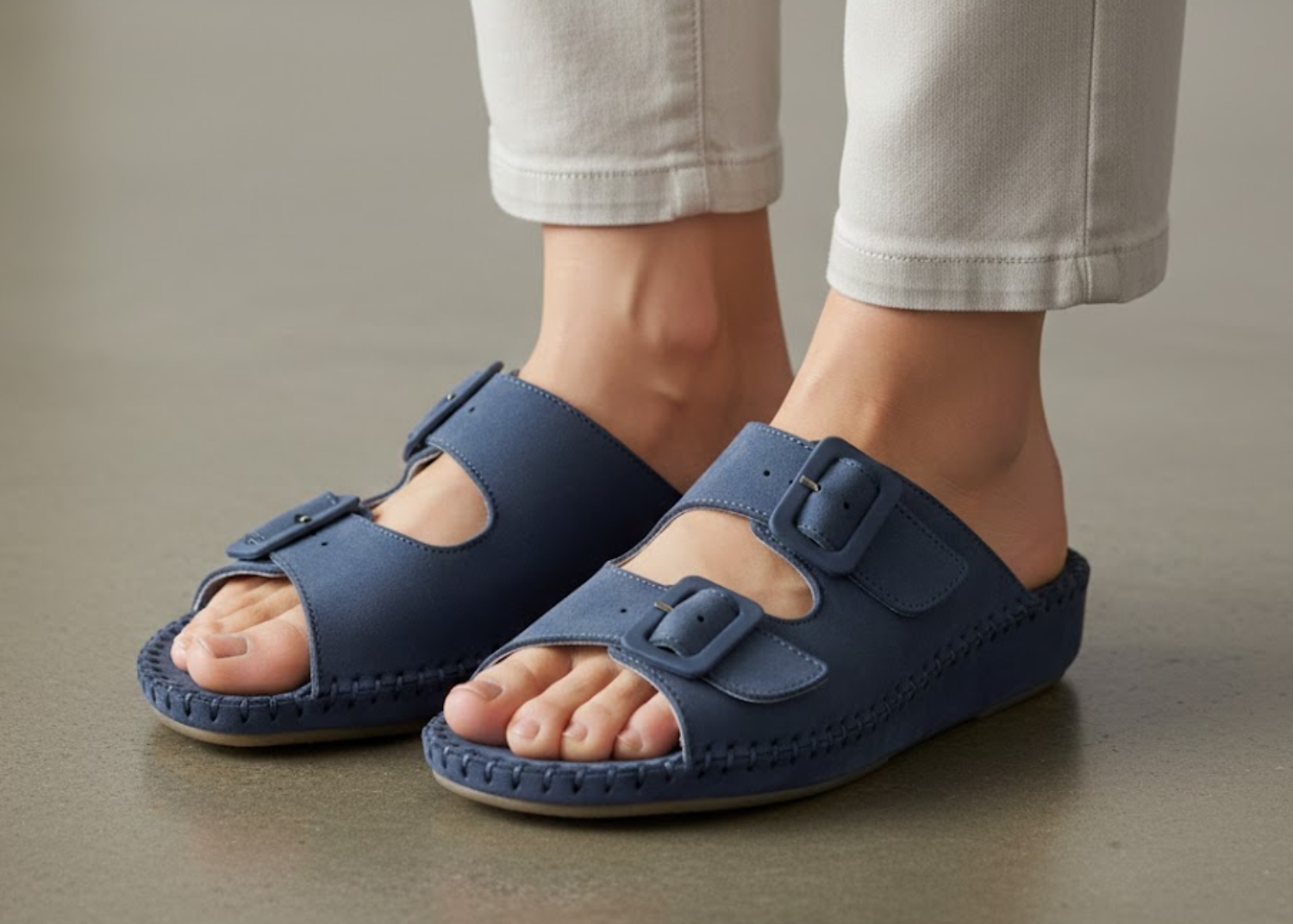 Blue slide sandals with buckle details, styled with light-colored jeans on a smooth floor. Ideal for a relaxed long weekend.