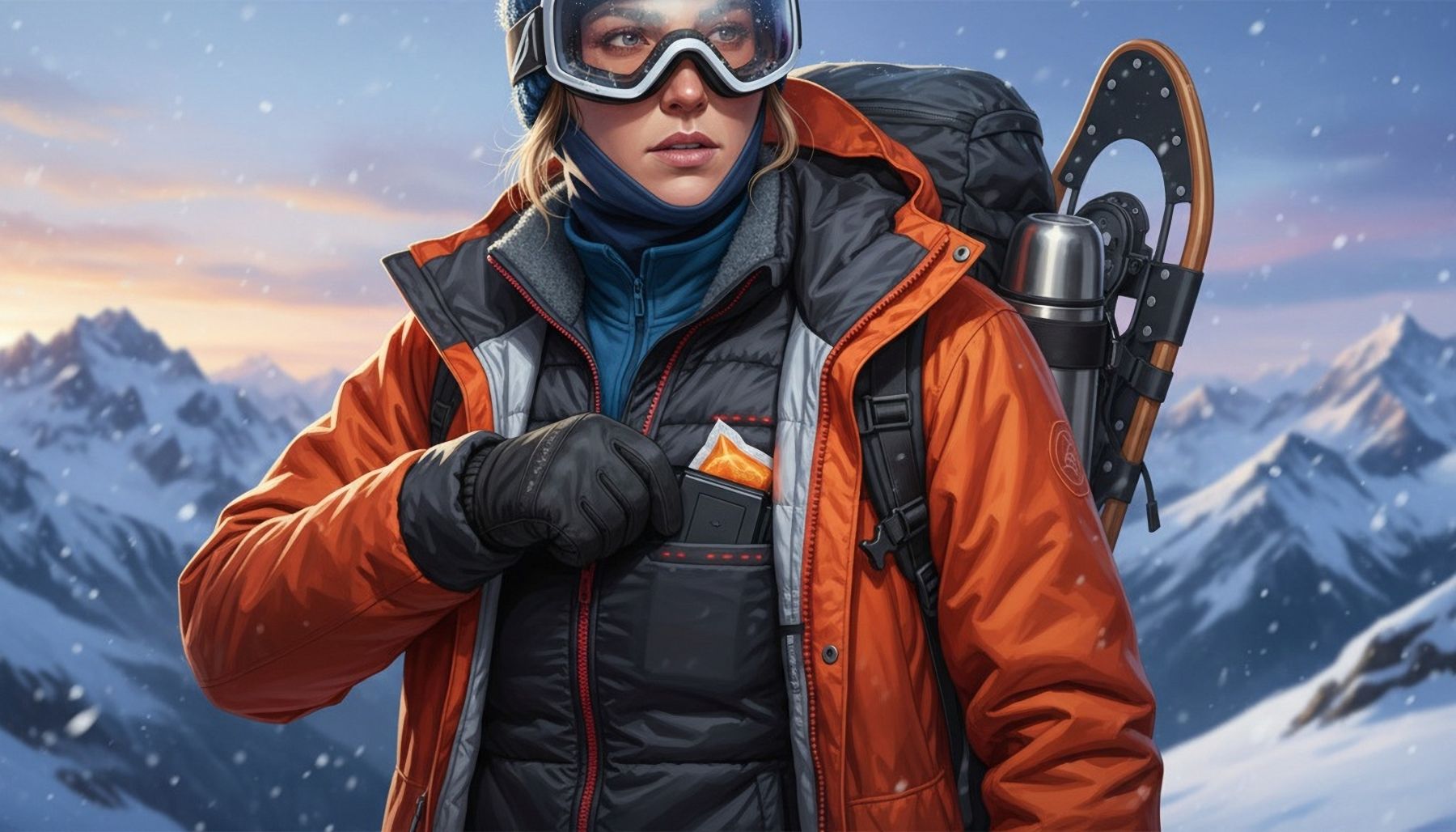 Woman wearing a heated jacket in a snowy mountain landscape, showcasing gear and winter outdoor preparation.