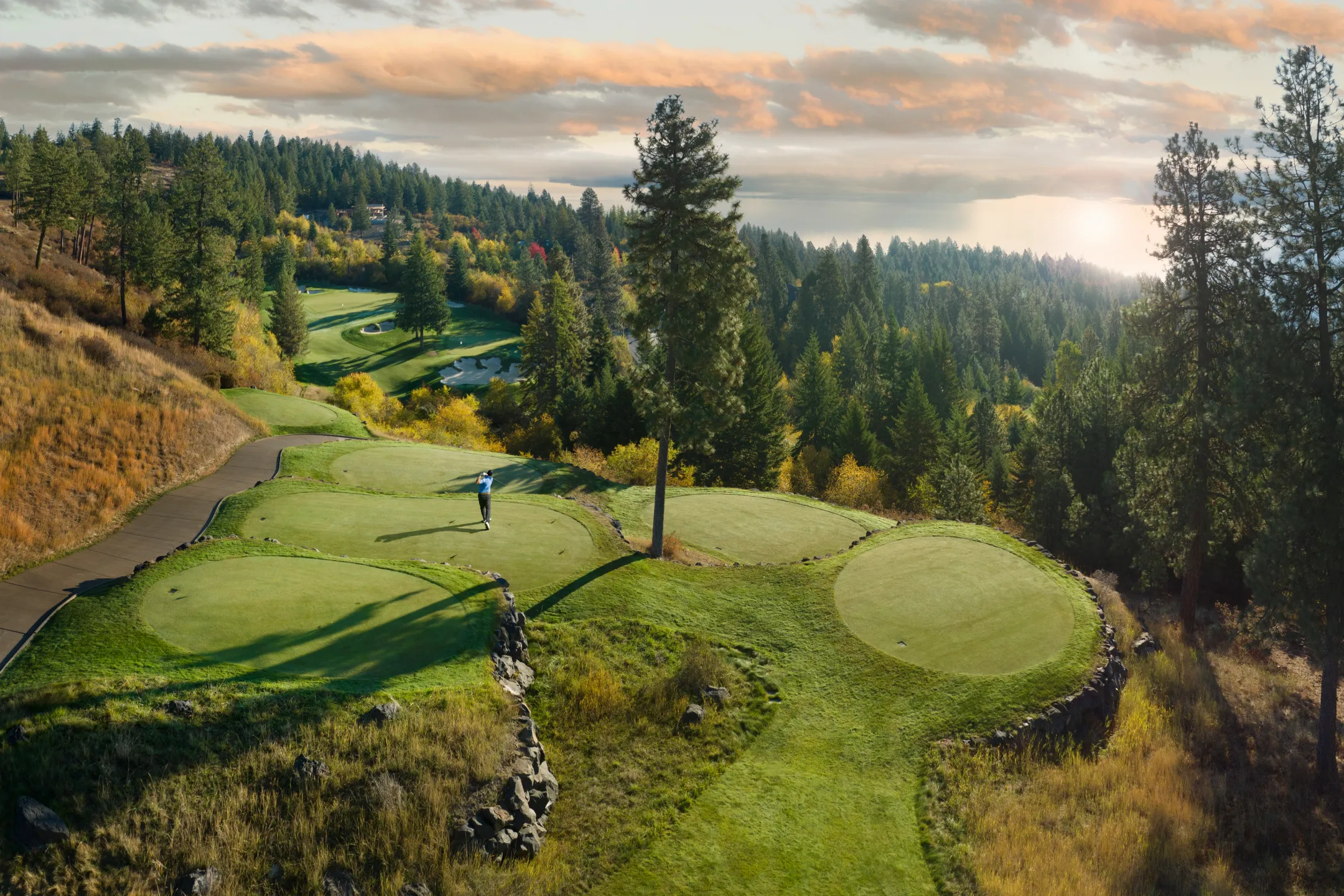 Golfer preparing to tee off on the 15th hole at CDA National Reserve, surrounded by lush trees and scenic hills.