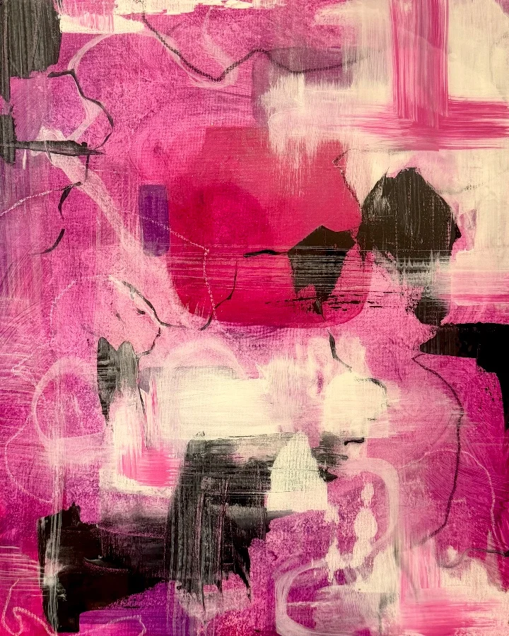 Abstract artwork featuring vibrant pink hues with black and white accents, exploring the emotional impact of color in home design.