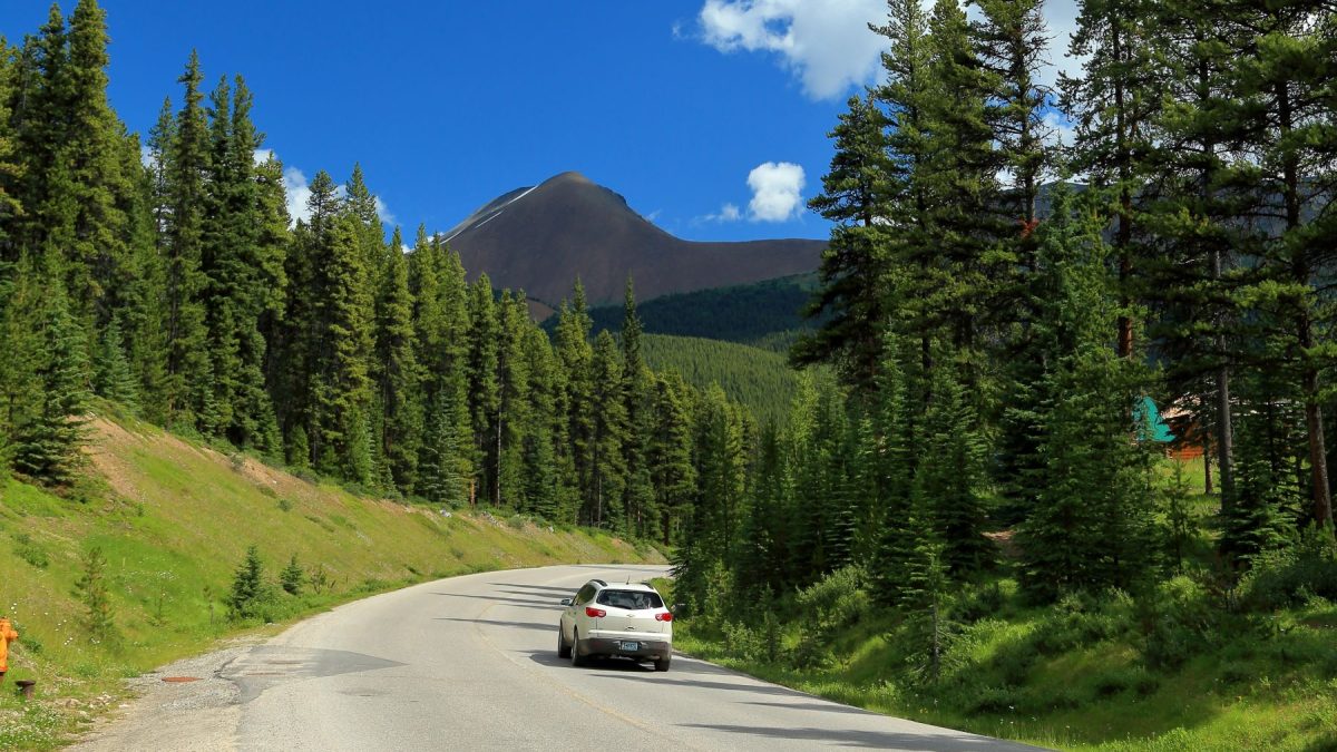 A car drives along a winding two-lane road surrounded by lush green trees and mountains under a clear blue sky.