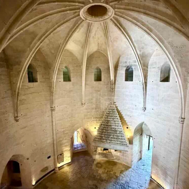 Interior view of a stone building in Aigues-Mortes showcasing a vaulted ceiling and large windows.