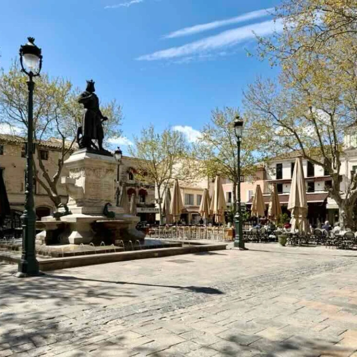 Statue in a quaint square surrounded by cafes and trees in the medieval town of Aigues-Mortes, Languedoc.