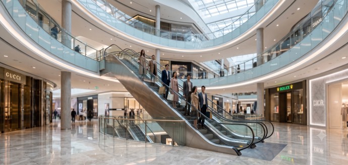 Escalator at South Coast Plaza with shoppers using it in a modern shopping mall environment.