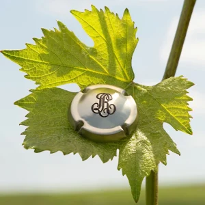 A champagne capsule rests on a green vine leaf against a bright sky, symbolizing Louis Roederer's 250th anniversary.