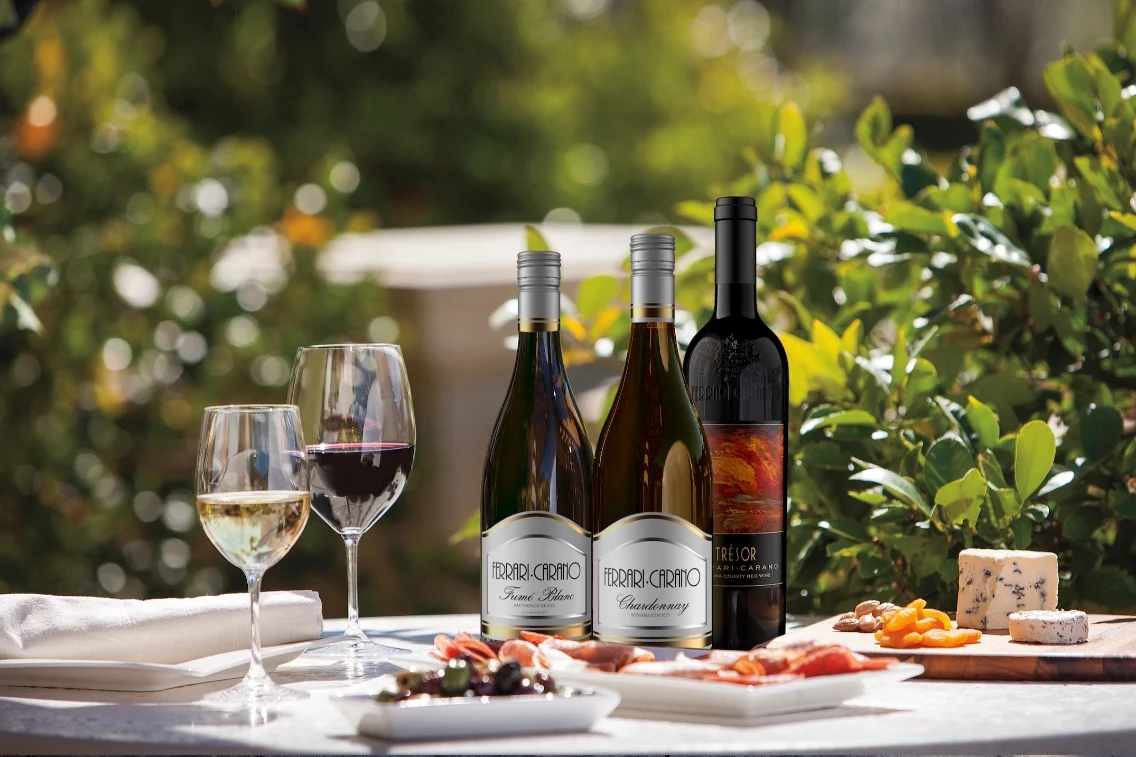 Three wine bottles and wine glasses displayed on a table with cheese, olives, and cured meats, set in a lush garden.