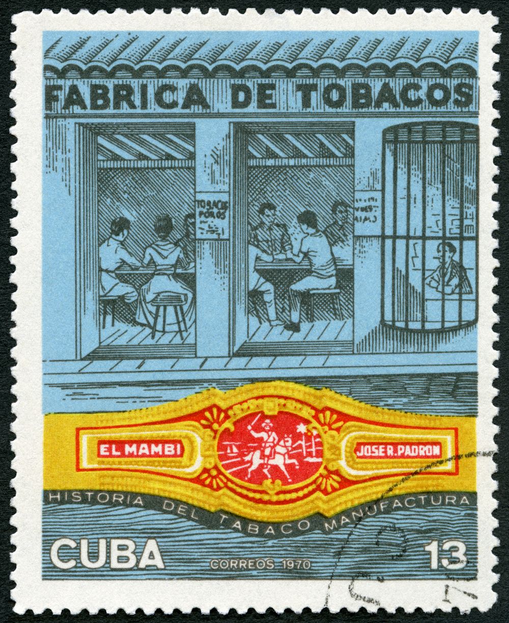Historic illustration of a tobacco factory in Cuba, showcasing artisans at work and the craft of cigar production.