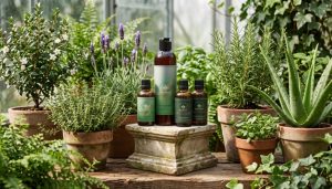 Plant-based hair regrowth products displayed among lush greenery, featuring bottles of NutriRoot's formula in a serene setting.